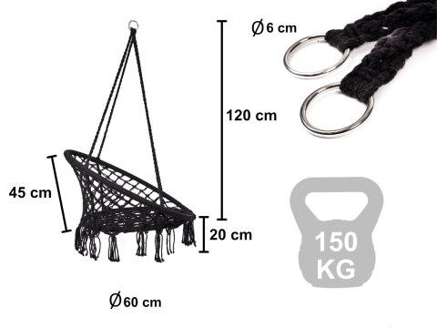 Huśtawka fotel bocianie gniazdo z oparciem czarna 80cm 120kg Huśtawka fotel bocianie gniazdo z oparciem czarna 80cm 120kg